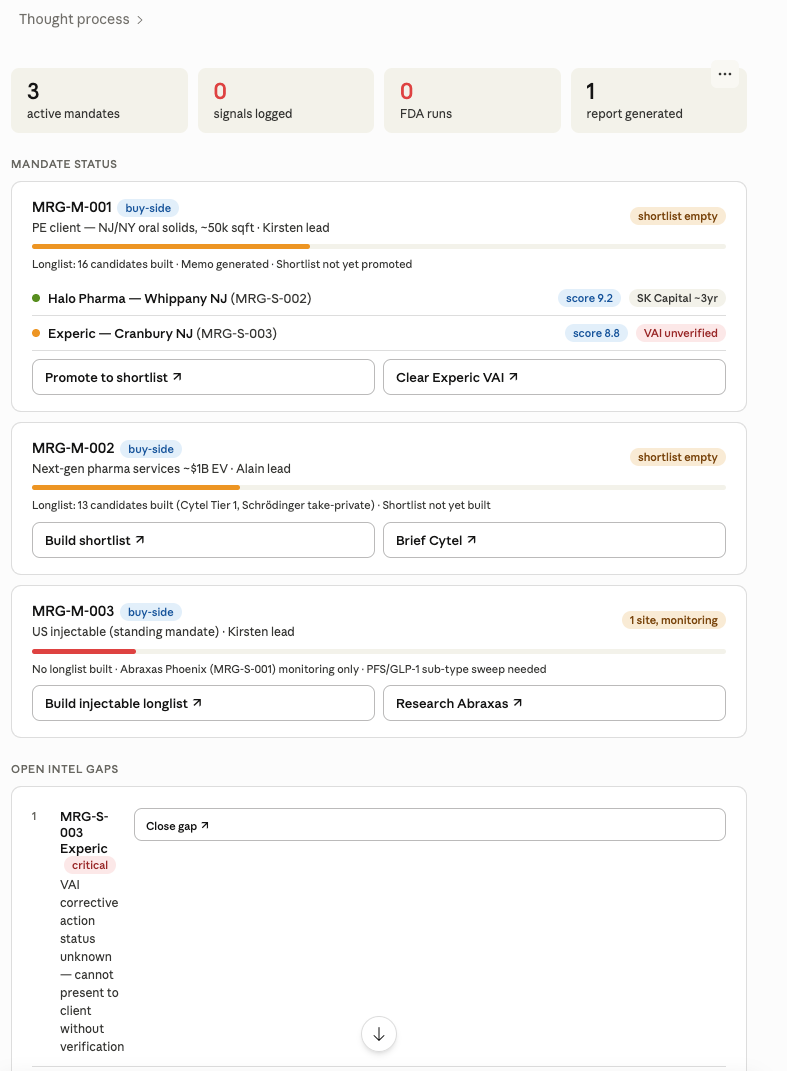 Merge Intelligence skill in Claude — mandate status cards with AI-prompted next actions